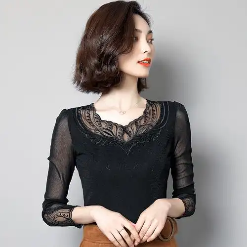 低领蕾丝打底衫女秋冬百搭镂空亮丝恤小修身t恤