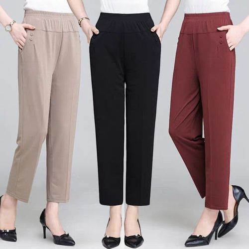 中老年女裤夏季薄款九分裤松紧高腰妈妈裤子宽松老年人大码直筒裤