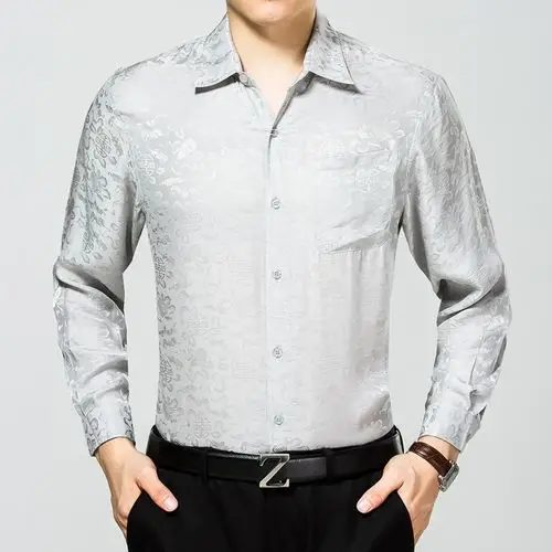 夏季中老年男士真丝长袖衬衫100%纯桑蚕丝纯色薄款衬衣中年爸爸装