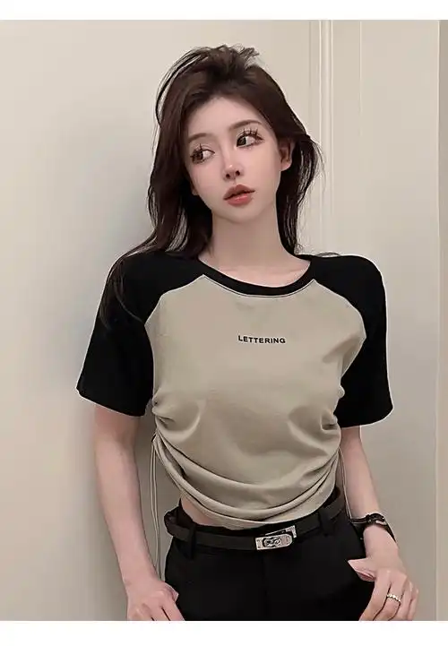 【实拍】抽绳撞色圆领辣妹上衣个性女装新款打底修身春夏季短袖t恤