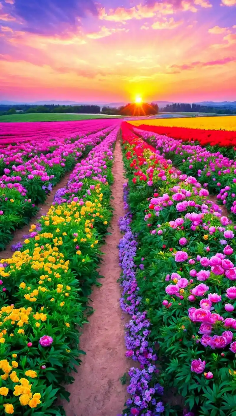 落日余晖洒在花海上,那一刻,万物都被染上了金色的柔光,花儿们在夕阳
