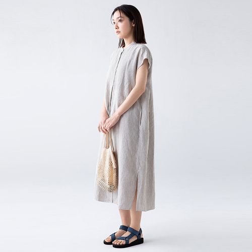 无印良品亚麻连衣裙女夏天薄款长中款显瘦短袖大码宽松上衣薄款