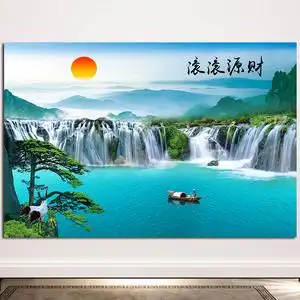 财源滚滚山水画流水生财挂画青山绿客厅办公室背景墙贴自粘装饰画