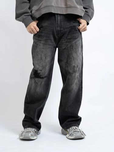 牛仔裤黑色秋冬复古巴家水洗宽松破洞dokie重磅设计感美式