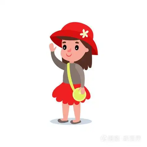 卡通女孩在时尚的红色帽子与花, 裙子, 毛衣和交叉的身体手提包的性格