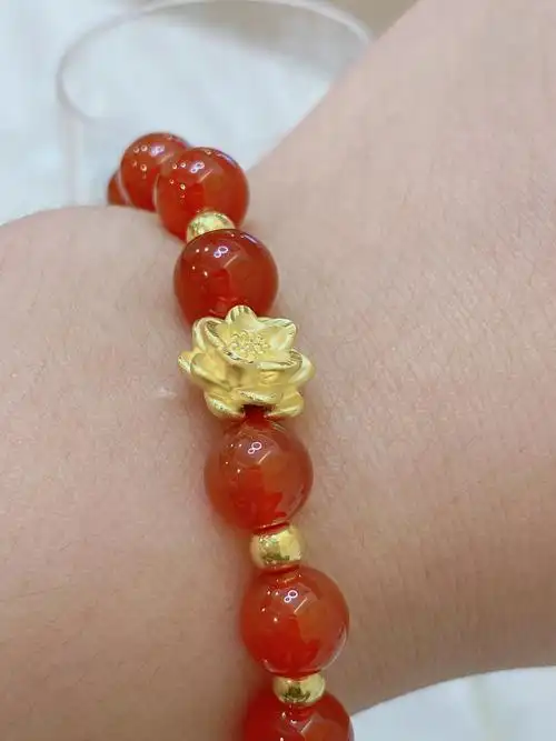 黄金手链女款莲花3d硬金转运珠999足金手镯红玛瑙手串纯金(糖玉手串
