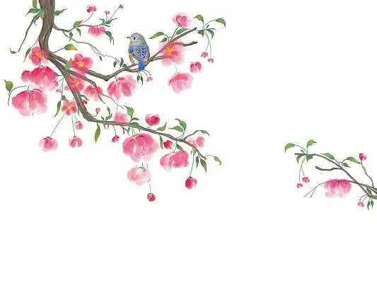 粉色手绘古风国潮中国风工笔画桃花花枝花鸟元素png素材