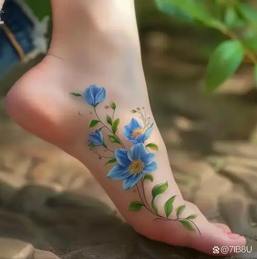 偶然瞥见,脚踝上的一朵蓝色花朵纹身,惊艳了我的视线👀