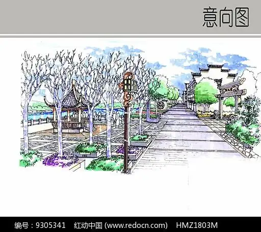 原创设计稿 方案意向 手绘素材 桂花树阵广场效果图 素材描述:红动网