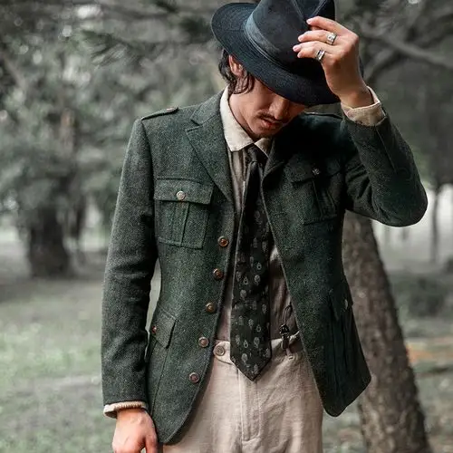 soarin美式复古风男装猎装外套 阿美咔叽羊毛呢子休闲人字纹西服