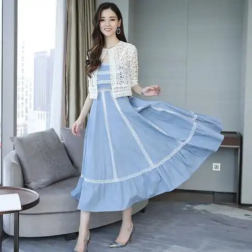 女士夏装新品少女带连衣裙蕾丝披肩时尚套装长裙淑女气质大摆裙
