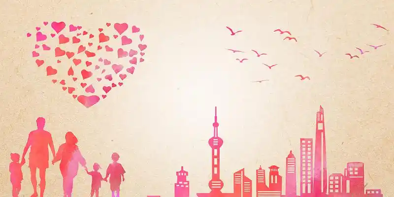 粉色简约唯美爱心牵手亲情城市小鸟展板背景爱心背景