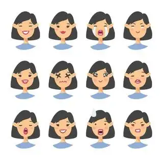 孤立的女孩头像与不同的面部表情.平面插画女性人脸情绪.