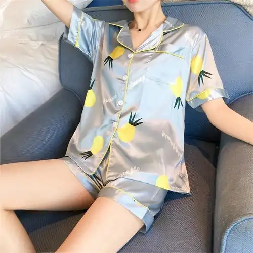 丝绸光滑睡衣菠萝短裤短袖真丝冰丝