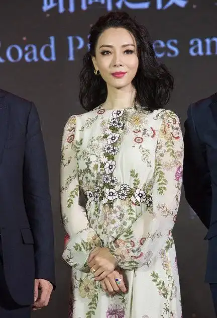 陈数不愧是气质女神,穿碎花长裙尽显优雅,芭比粉口红更显魅力