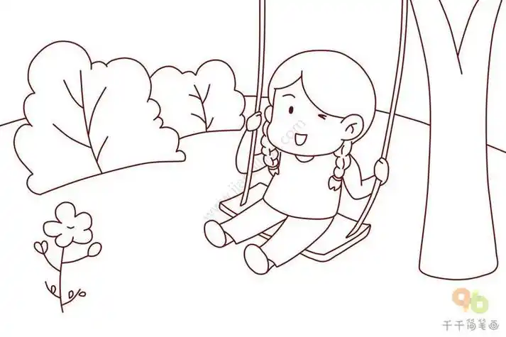 小女孩草地玩的简笔画