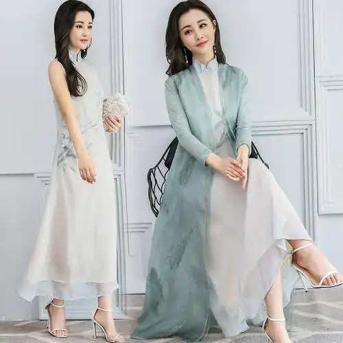 改良旗袍连衣裙套装女女士秋装新品中国风复古过膝长裙开衫两件套