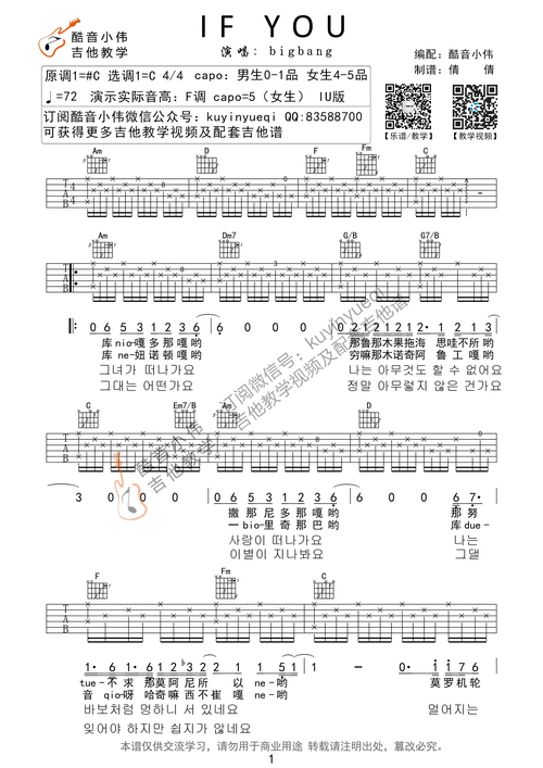 if you(c调指法超原版及教学视频 酷音小伟吉他教学)吉他谱(图片谱,酷
