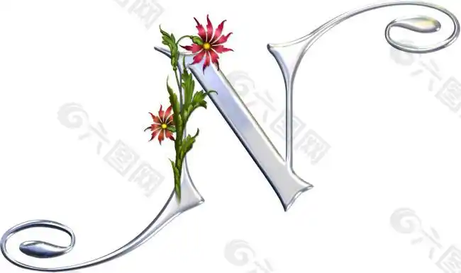 银色花藤缠绕装饰英文字母psd素材n