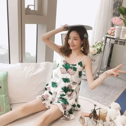 带胸垫免穿内衣睡衣女夏吊带甜美可爱韩版性感家居服套装一件代发