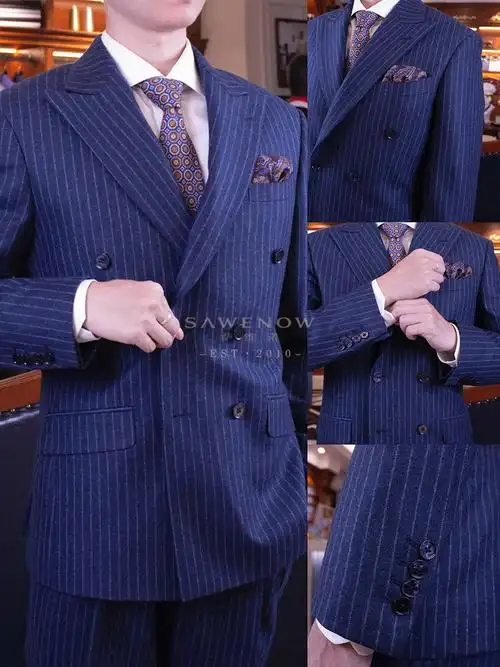 西装定制宝藏蓝条纹双排扣西服02沉稳静谧