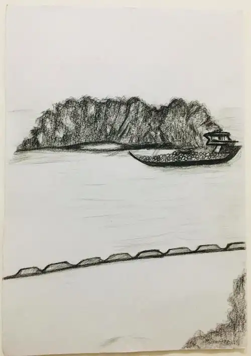 余稳玲《时代龙穴岛》 写生素描,2020年作 广州南沙亲水公园写生