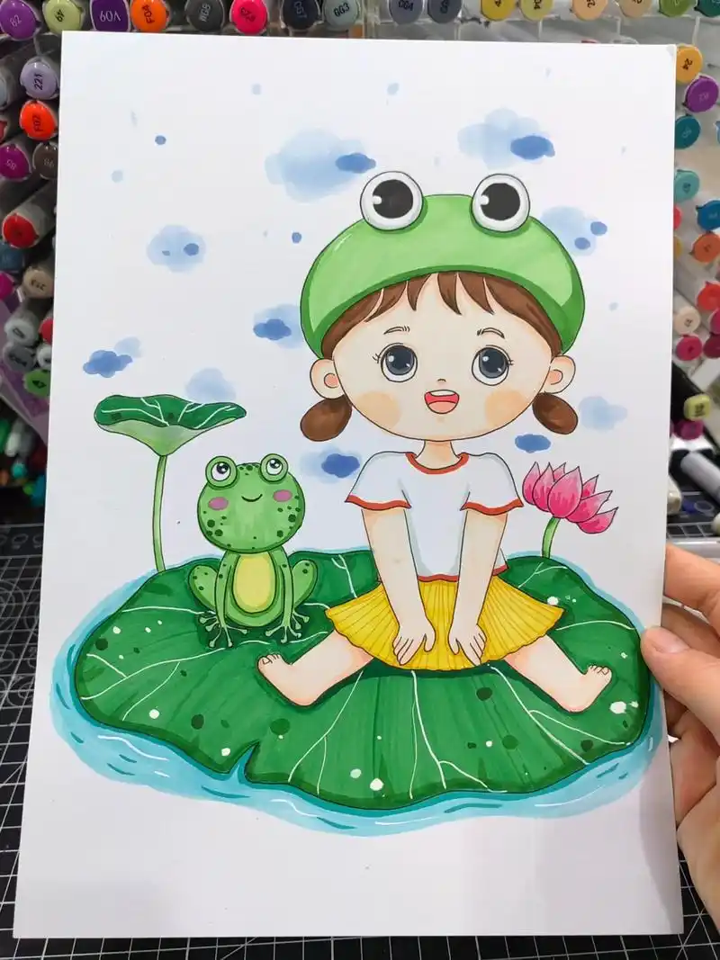 青蛙呱呱呱～夏天到了～#马克笔手绘 #画画 #儿童画 #我用 - 抖音