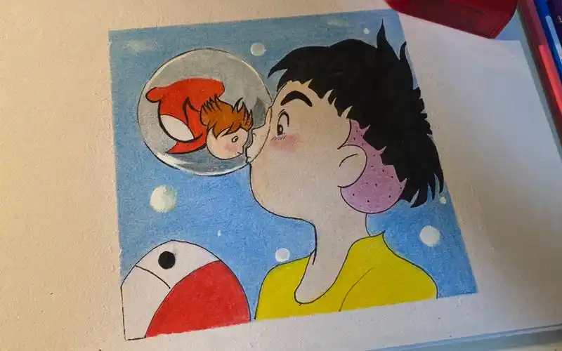 悬崖上的金鱼姬彩铅手绘