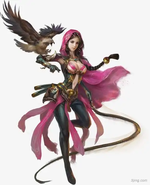 手绘游戏人物驯鹰美女png素材透明免抠图片-动植人物