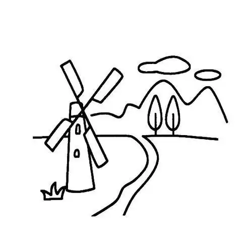 学画风景简笔画田野里的风力发电机远处白云和小山一条小河流淌这里