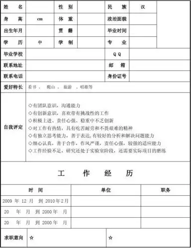 个人简历空白模板