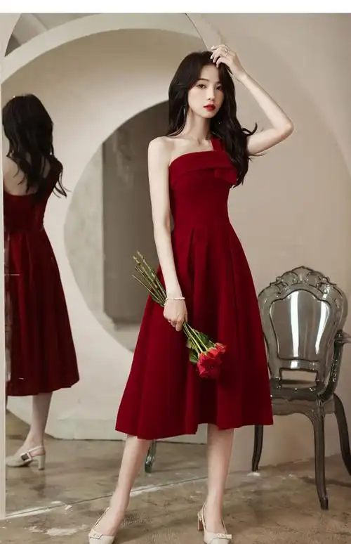 荧火仙子单肩进酒服西式婚礼新娘敬酒服微胖显瘦中长款小个子酒红色