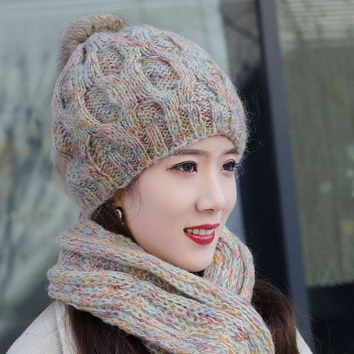 羊毛帽子流苏围巾两件套女冬季保暖护耳毛线针织帽百搭手工编织帽