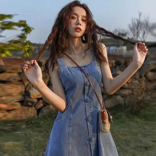 吊带牛仔裙女春秋新款小个子西装外套背带裙娃娃领连衣裙两件套