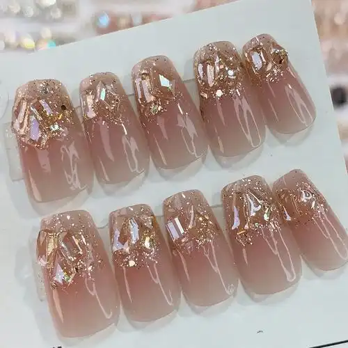 穿戴甲秋冬款香槟之夜爆闪中长款手工光疗美甲可拆卸美甲成品批发-阿
