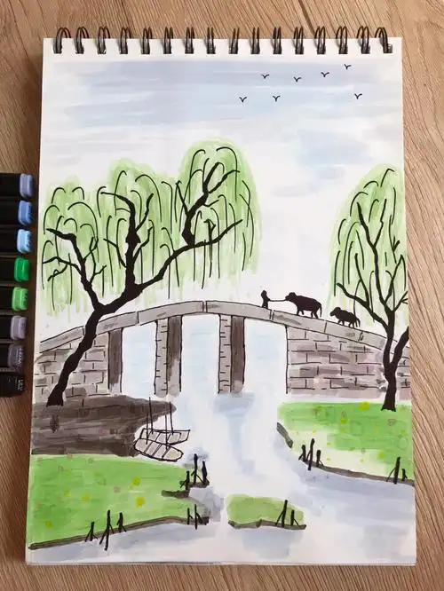 马克笔手绘江南水乡春意盎然