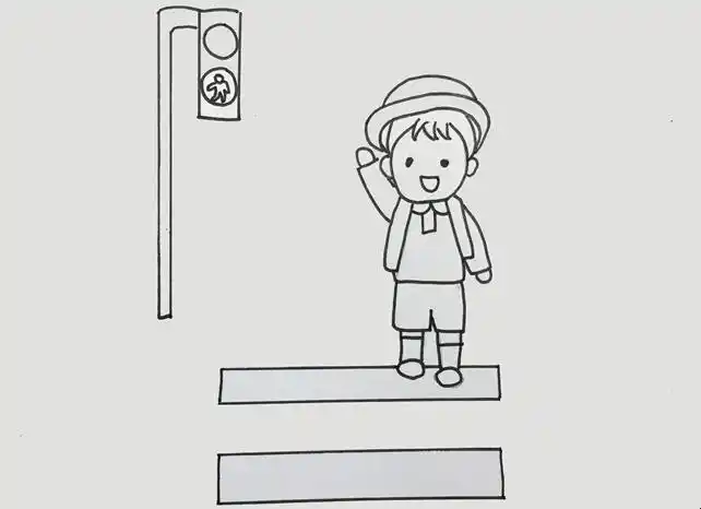 下边的灯涂绿色,脸上也涂上肤色和红脸颊,一幅关于交通安全的简笔画就