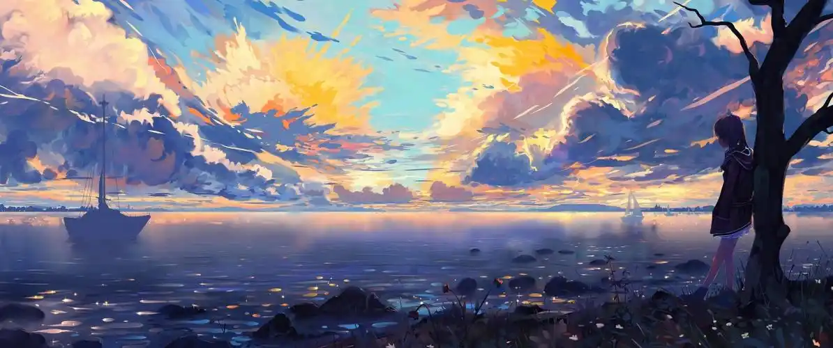 海边船树靠在树上的女孩3440x1440带鱼屏动漫壁纸