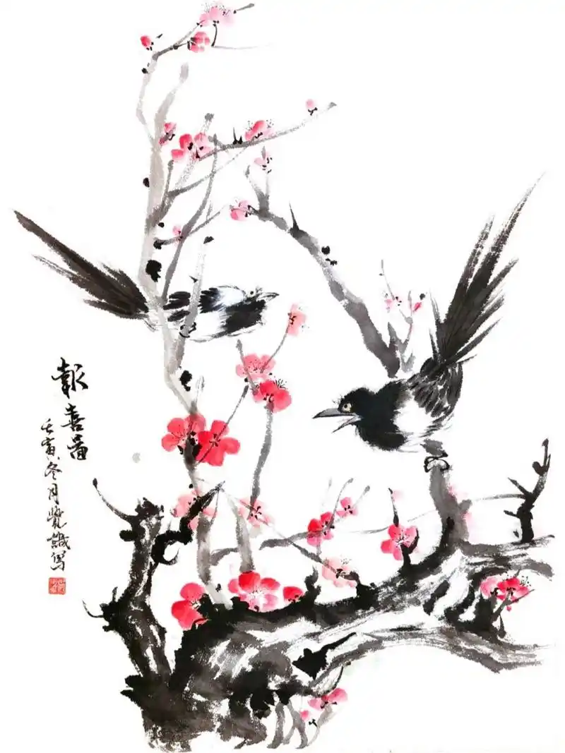 国画写意喜鹊登梅