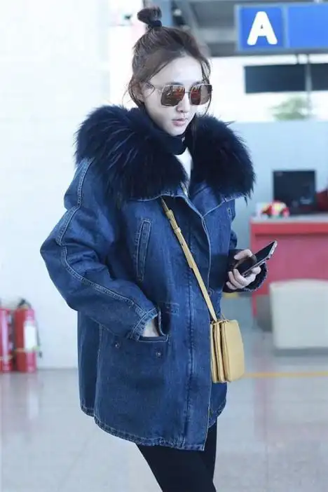 冬季新款王丽坤明星同款加棉加厚牛仔外套仿狐狸毛大毛领宽松棉衣女中