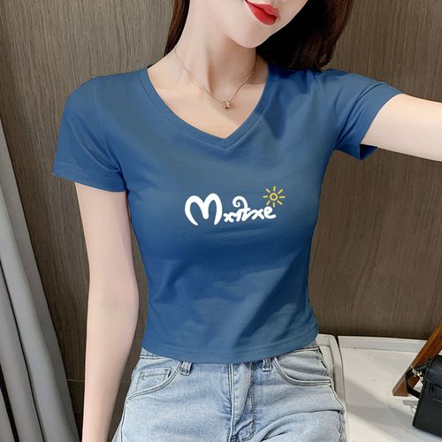 德朔新款夏天露脐t恤衫短款t恤女露脐上衣高腰修身短袖鸡心领夏季新款