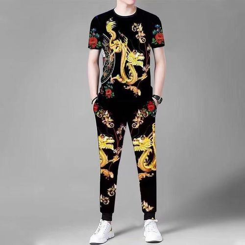 套装男短袖t恤冰丝夏季宽松社会短袖龙头精神小伙至尊金龙衣服ins