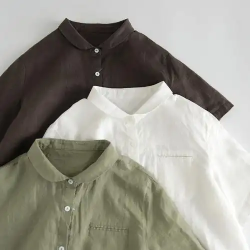 无印风良品衬衫女短袖夏2022新款女装棉麻上衣亚麻小衫娃娃领衬衣