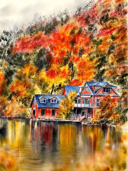 水彩风景层林尽染真不好画原创