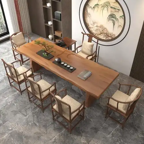 适用铁林实木大板茶桌椅组合老板办公桌原木茶台餐桌书桌面画案新