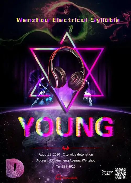 整个画面都体现出炫酷的 感觉,表达电音的燥热狂暴主要使用黑,红,,紫