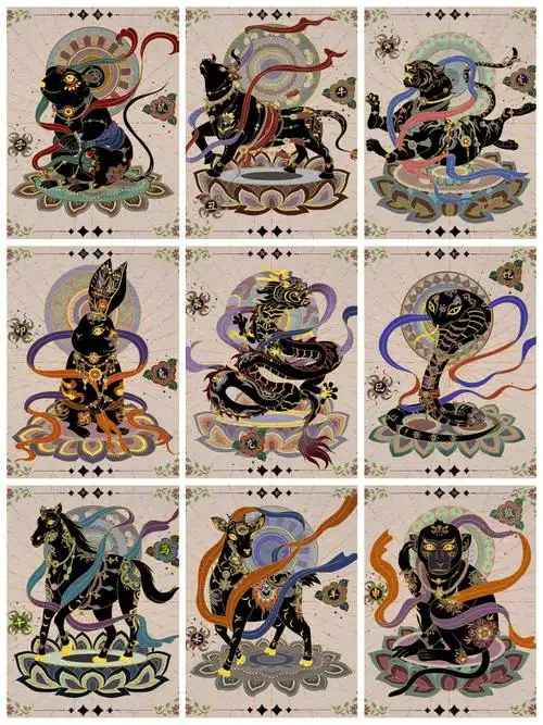 结合在十二生肖的基础形象上加入丝绸 珠宝以及敦煌壁画的线条元素