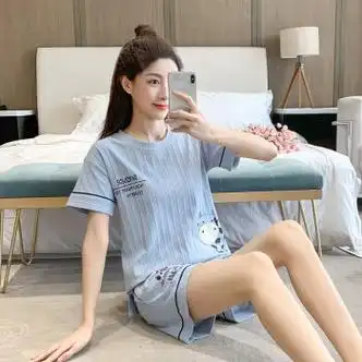 帅西哲睡衣女夏季棉甜美女生短袖短裤休闲可外穿两件套家居服套装 h