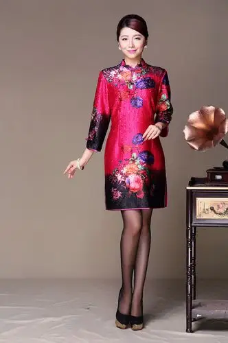 旗袍新款复古妈妈装女装皱褶裙子女装中老年皱褶新品爆款 玫紫色 xxxl