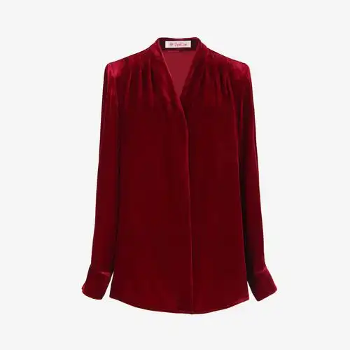 兰玫瑰大码女装真丝丝绒上衣高端洋气气质长袖衬衫v领套头恤衫